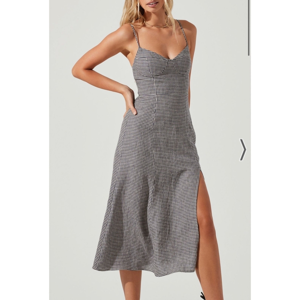 Chic Black and White Gingham Midi Dress 100%linen